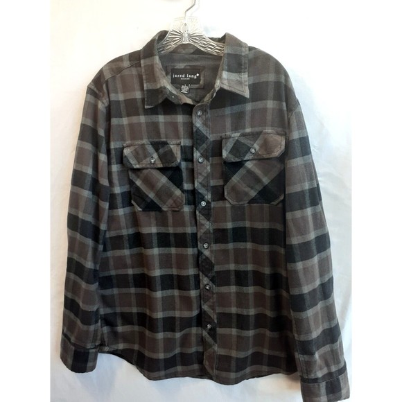 Jared Lang Mens Plaid Long Sleeve Shirt Stretched Button Sz L Purple Gray Black - Picture 1 of 5